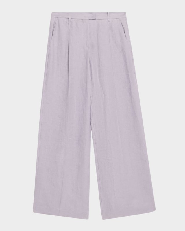 Pleated Wide Leg Hemp Linen Gabardine Trousers